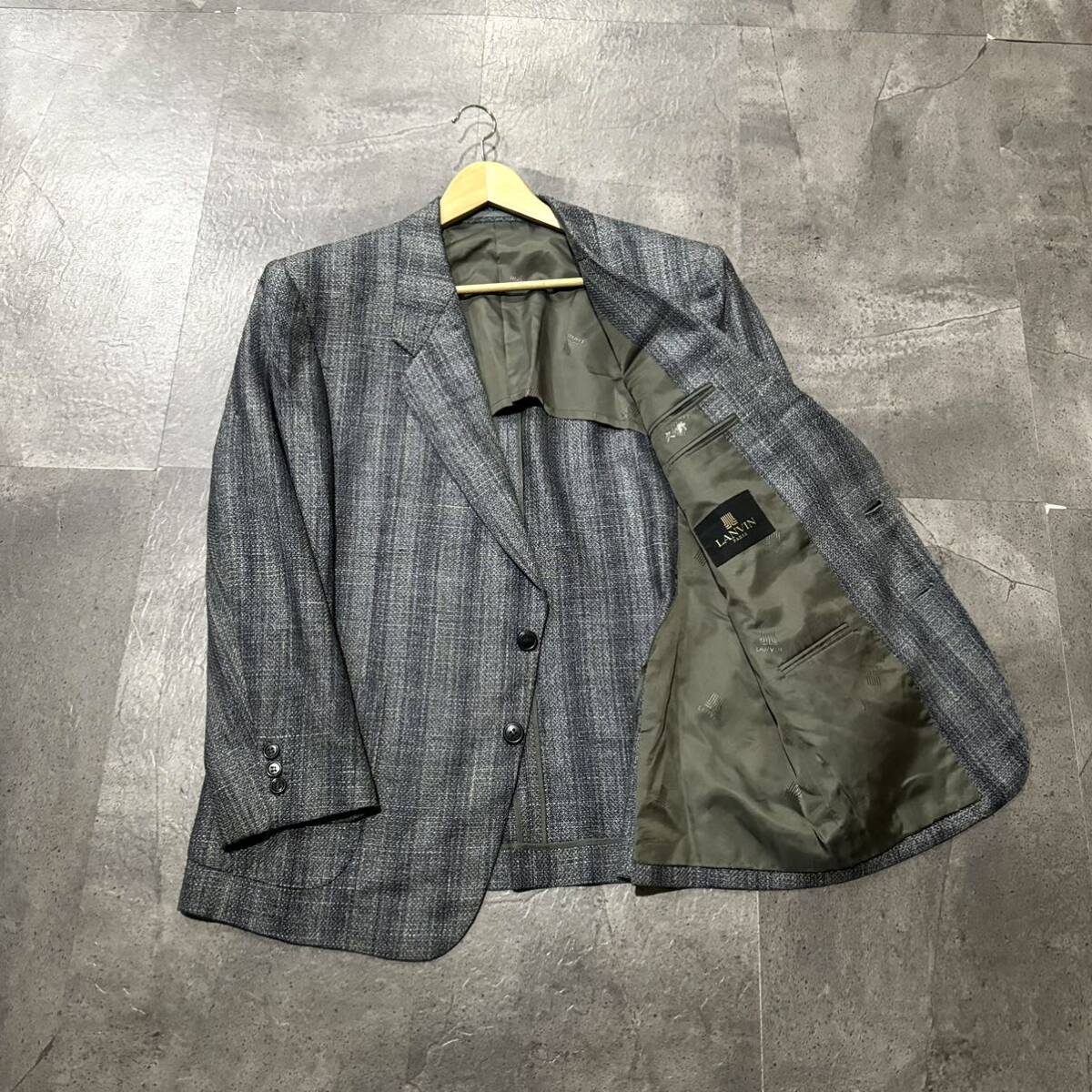 F☆ 高級ラグジュアリー服 '上質シルク100%使用' LANVIN ランバン 格子柄 ツイード生地 テーラードジャケット sizeST48-55 アウター 紳士服の画像1