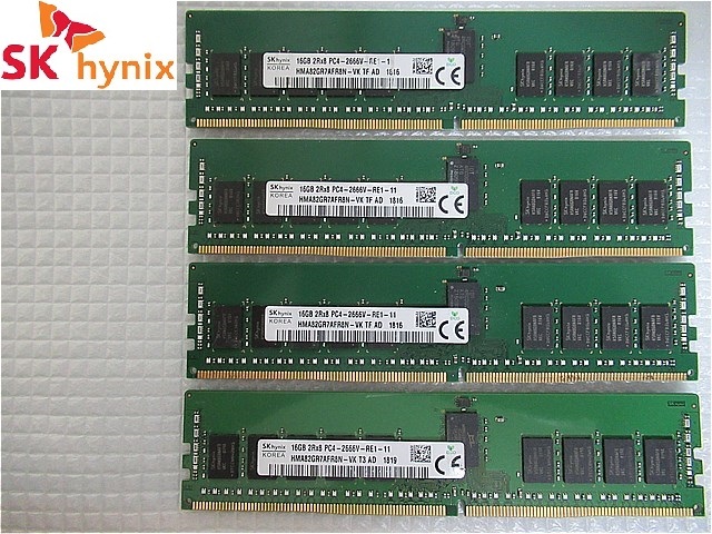 少量入庫【今週のサーバー向けメモリ(保証付き)】SKhynix 2R*8 PC4-2666V-RE2-12 16GB×4枚 計64GBの画像1