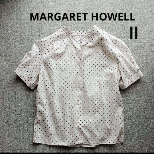 MARGARET HOWELL マーガレットハウエル 日本製 ドット ブラウス バンドカラー コットン 半袖シャツ パフスリーブ 