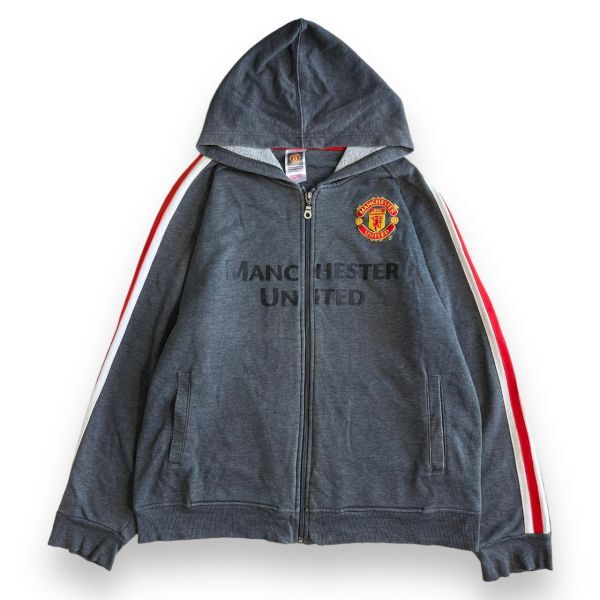 公式 Manchester United マンチェスター ユナイテッド 刺繍 ロゴ コットン スウェット ジップ パーカー 裏パイル サッカー L グレーの画像1