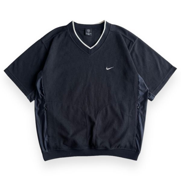 00s NIKE GOLF ナイキ ゴルフ 半袖 Vネック 刺繍 ロゴ 切替 ポリエステル Tシャツ S/S トップス カットソー スポーツ 古着 L ブラック 黒の画像1