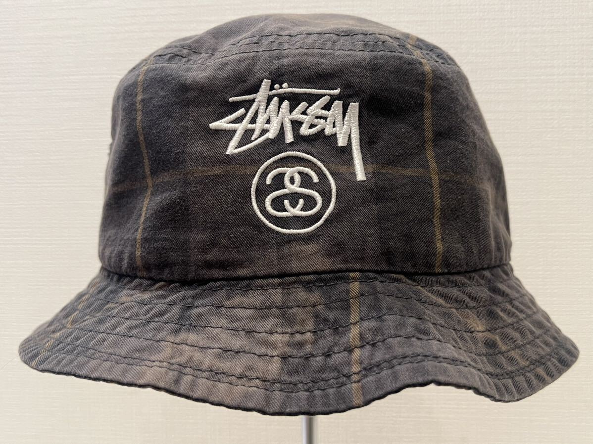 ★STUSSY★ステューシー★バケットハット★バケハ★帽子★チェック柄★総柄★刺繍ロゴ★SSリンク★綿100%★グレー系★L/XLサイズ★132705★の画像2