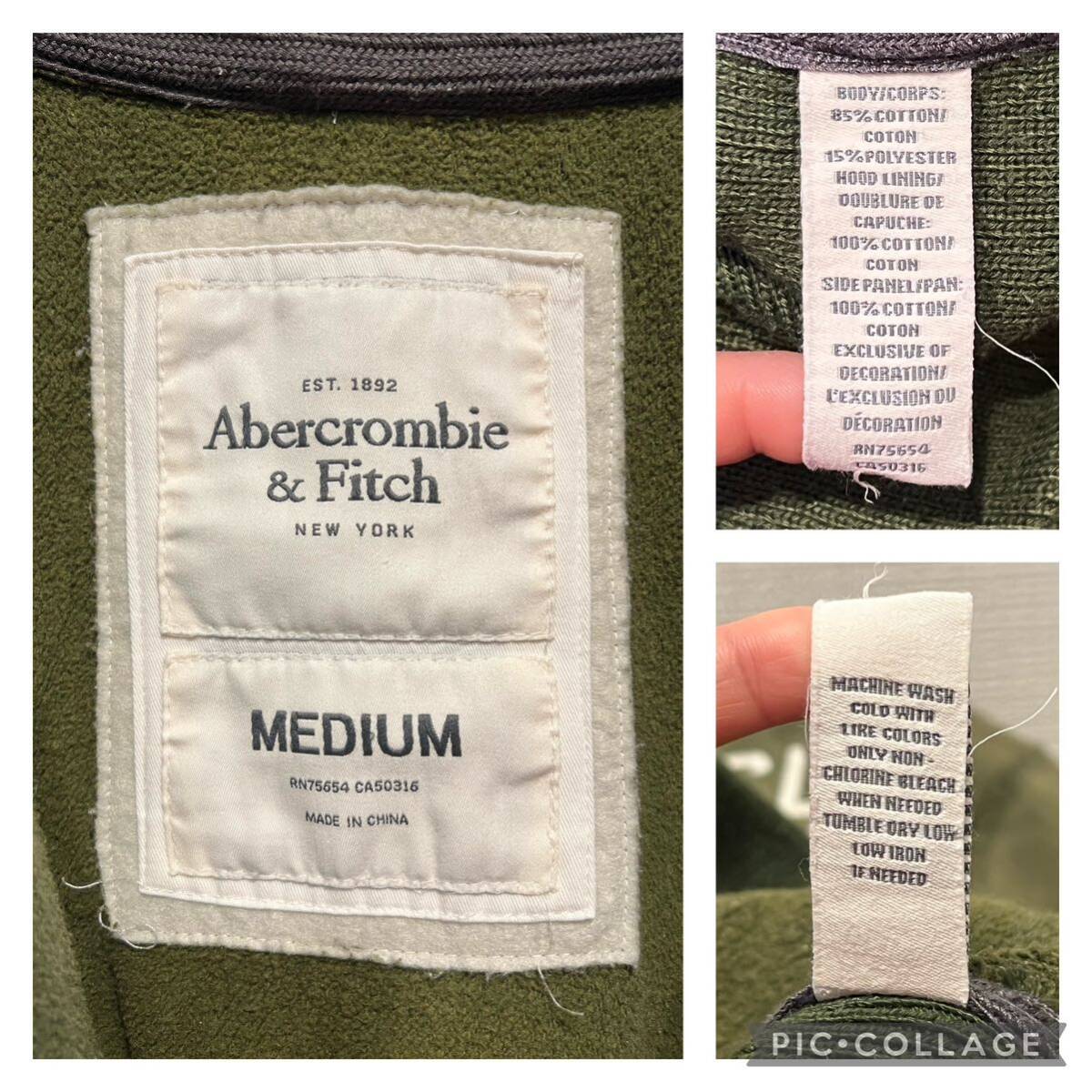 ★Abercrombie&Fitch★アバクロンビー&フィッチ★スウェットパーカー★フルジップ★裏起毛★フード裏サーマル★刺繍ロゴ★カーキ★Mサイズの画像9