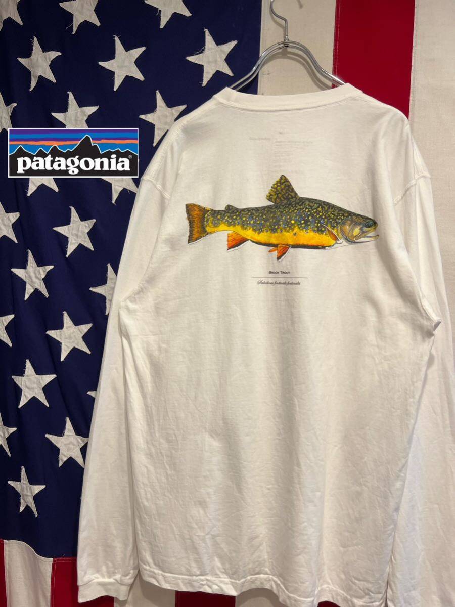 ★patagonia★パタゴニア★WORLD TROUT★BROOK TROUT★カワマス★魚★両面プリント★長袖Tシャツ★ロンＴ★ホワイト★白★Mサイズ★