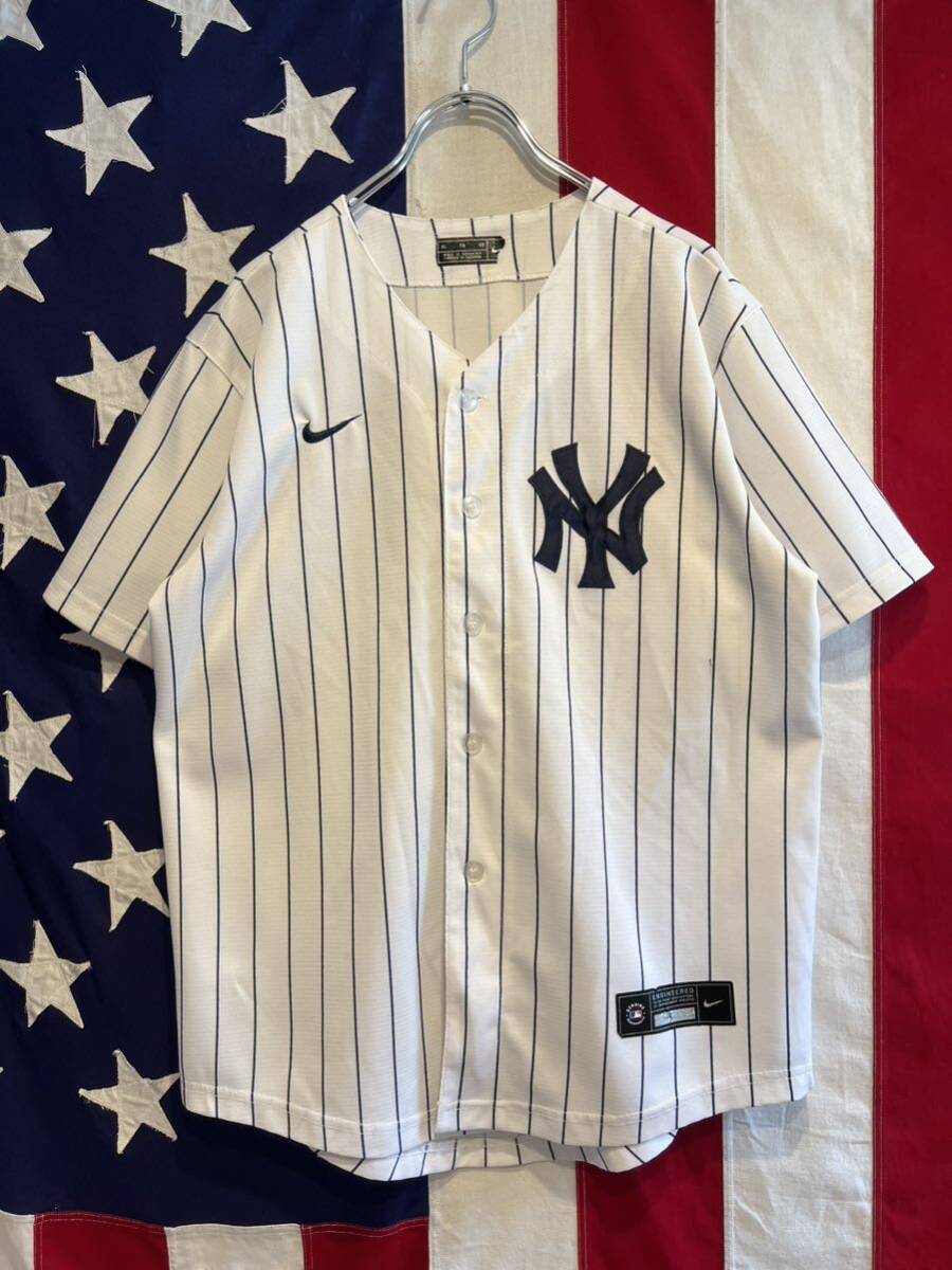 ★NIKE★New York Yankees★ナイキ★ニューヨーク・ヤンキース★ベースボールシャツ★ゲームシャツ★半袖★ストライプ★白×紺★XLサイズ★_画像2