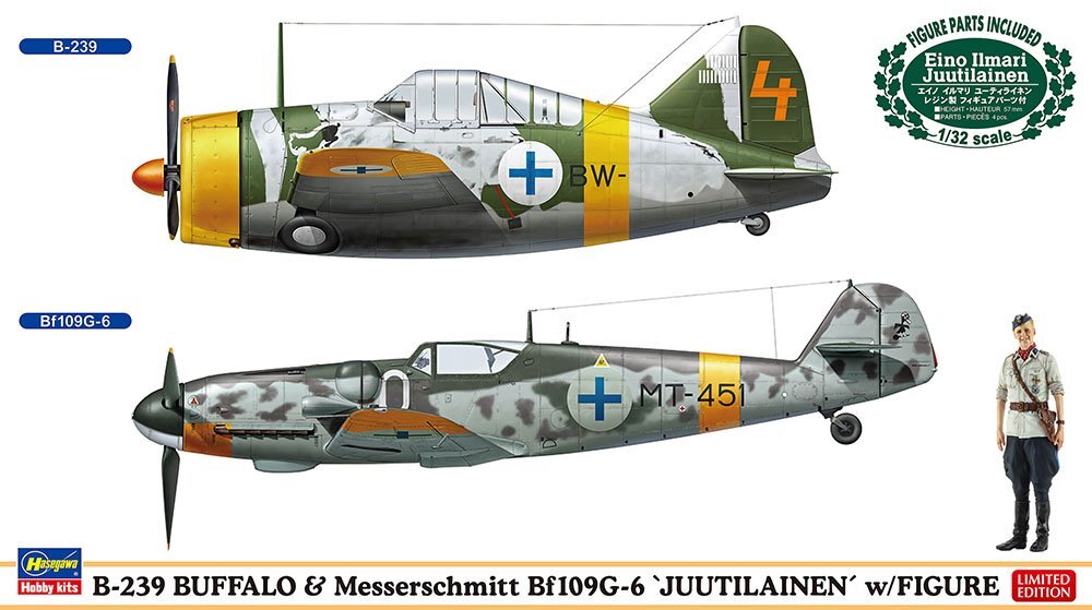 ハセガワ 02439 1/72 B-239 バッファロー & メッサーシュミット Bf109G-6 “ユーティライネン” w/フィギュア_画像1