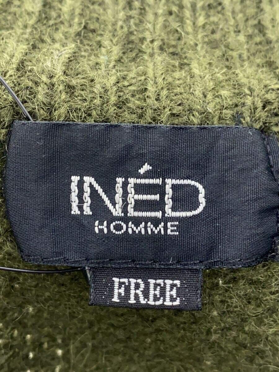 INED HOMME◆セーター(厚手)/FREE/ウール/GRN/レザーショルダーパッチドライバーズニット_画像3