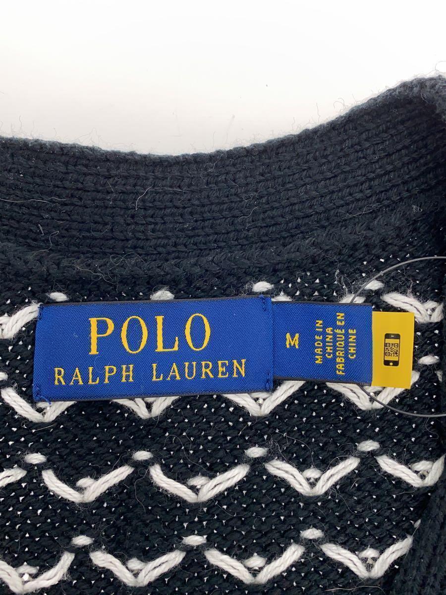 POLO RALPH LAUREN◆カシミア混/ノルディック/カーディガン(厚手)/M/コットン/BLK/無地_画像3