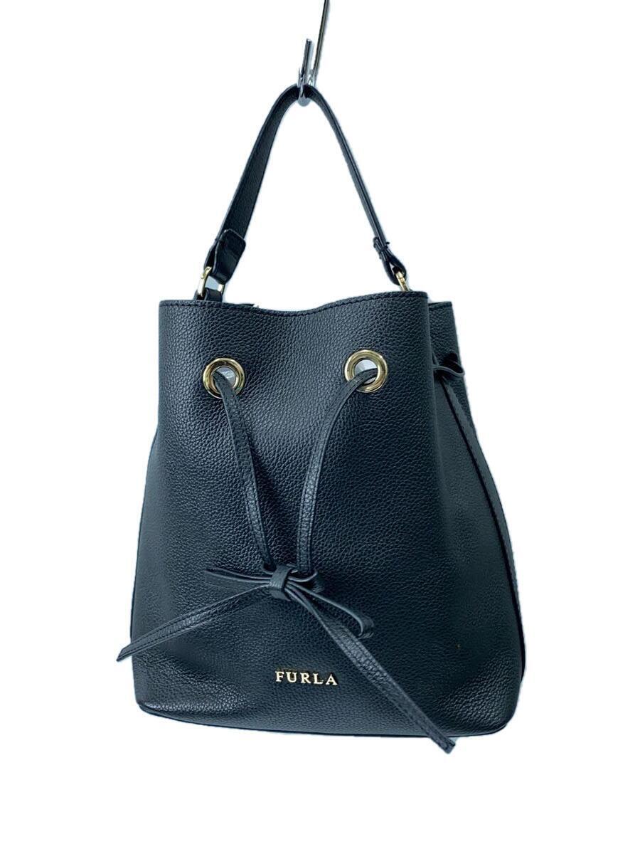 FURLA◆巾着/ハンドバッグ/レザー/ブラック/黒_画像1