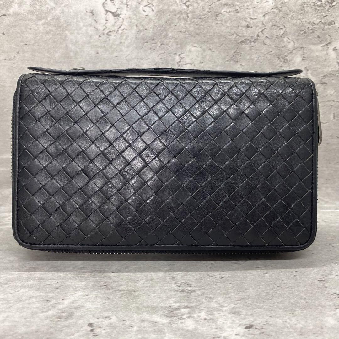 【極美品/ダブルジップ】 BOTTEGAVENETA ボッテガヴェネタ メンズ ビジネス 長財布 オーガナイザー ラウンドファスナー トラベルケース 黒_画像3