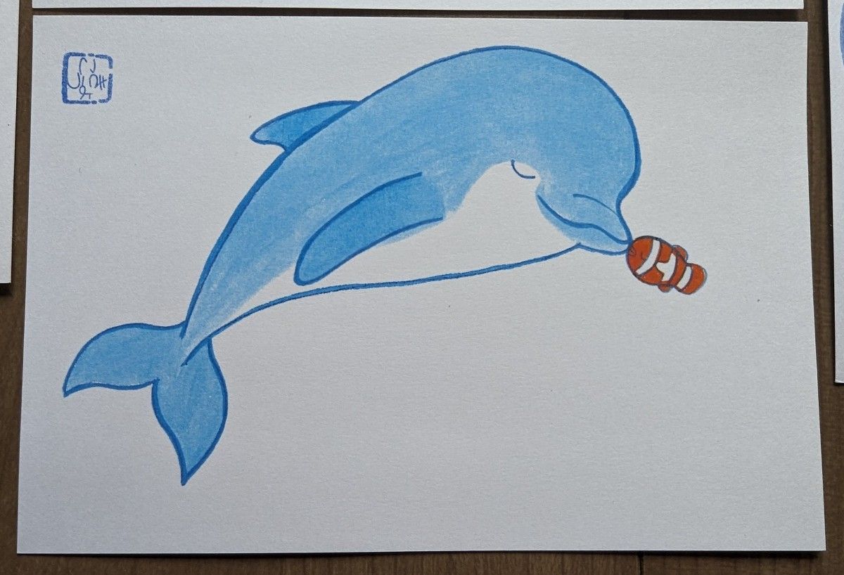 イルカ&熱帯魚のイラスト  ポストカード ４枚セット 絵葉書 クマノミ ミノカサゴ ハナヒゲウツボ