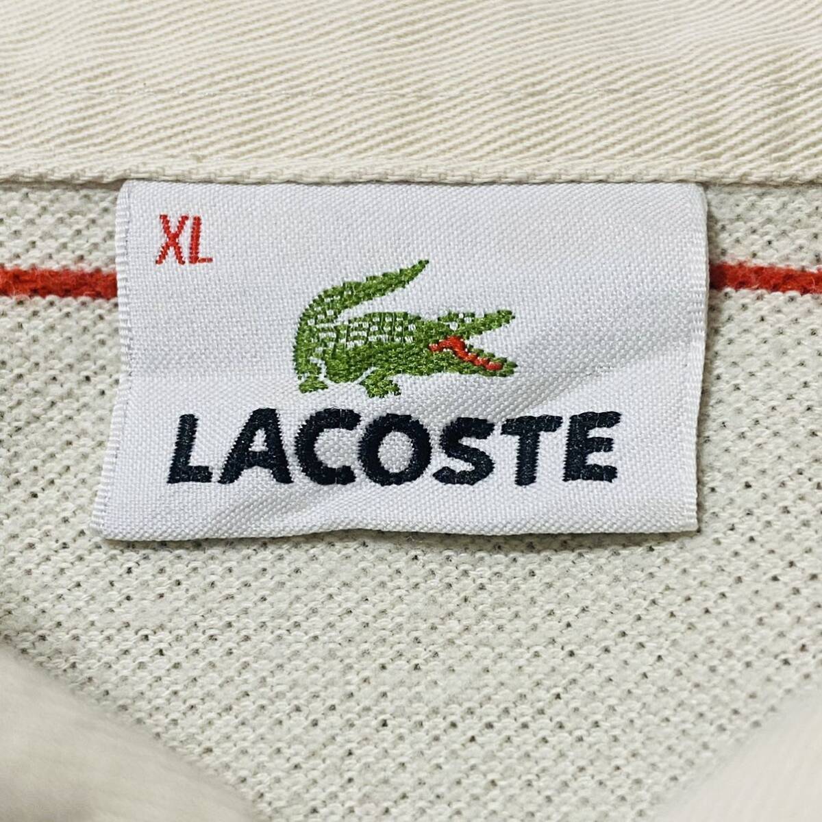 希少!!XXL相当【LACOSTE】長袖ポロシャツ マルチボーダー柄 アイボリー/オフホワイト 鹿の子 ロゴ刺繍 ラコステ釦刻印 サイドスリット 良品の画像8