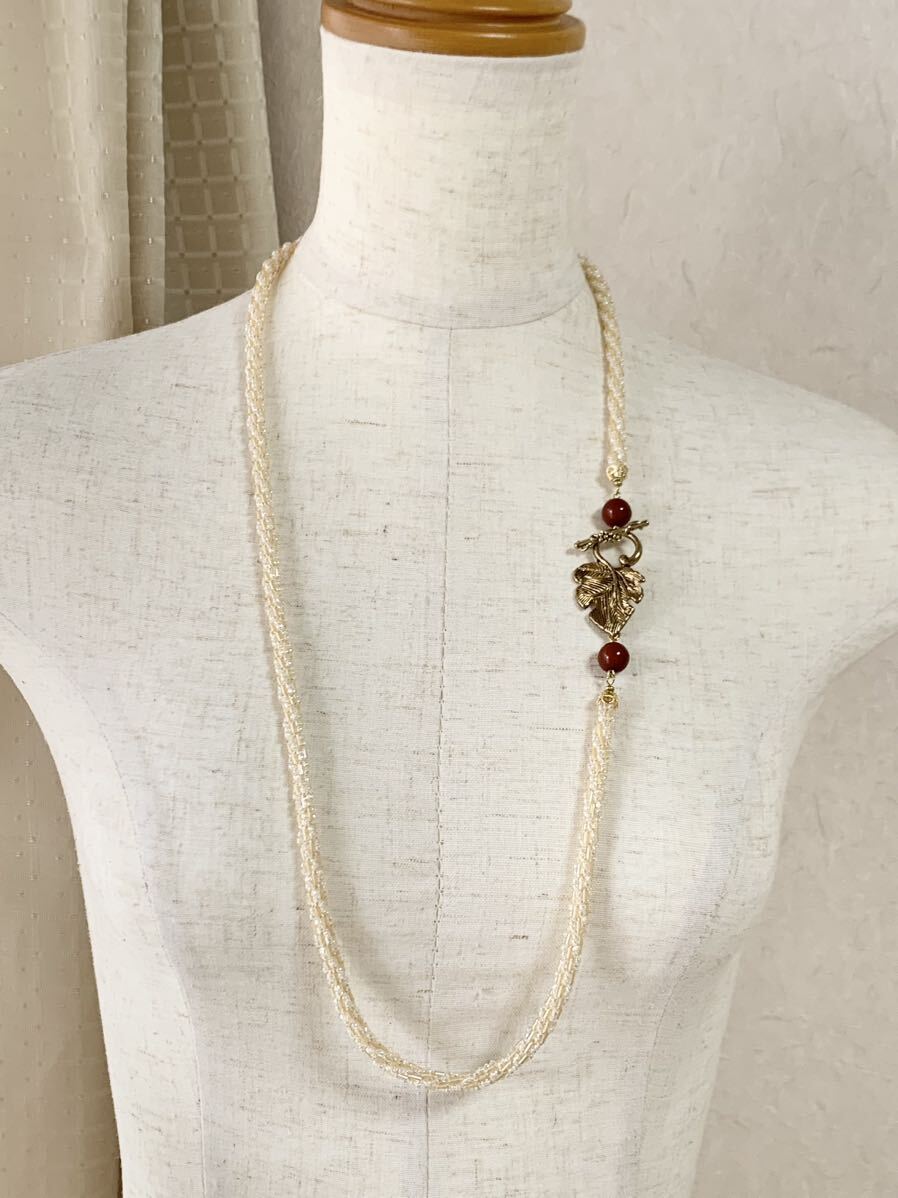  hand made * bamboo beads 3 cut beads leaf man te ruby z crocheted necklace long necklace beige 78.No.1942