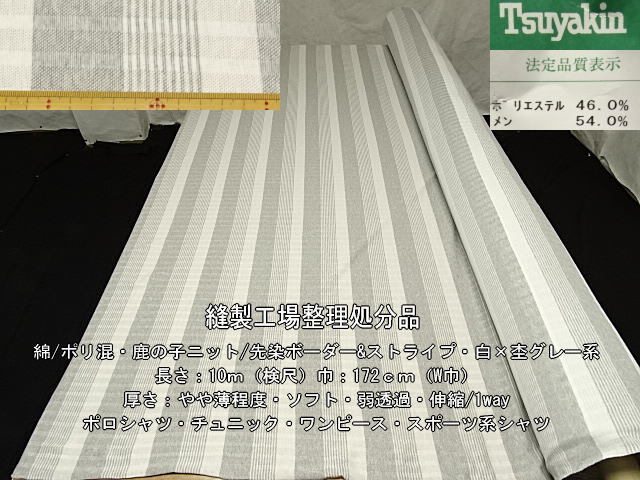 綿/ポリ混 鹿の子ニット ボーダー&ストライプ 白×杢グレー系10m_画像1