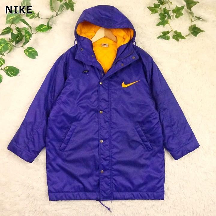 NIKE Nike big Logo embroidery Logo silver tag bench coat long coat quilting L purple 90s