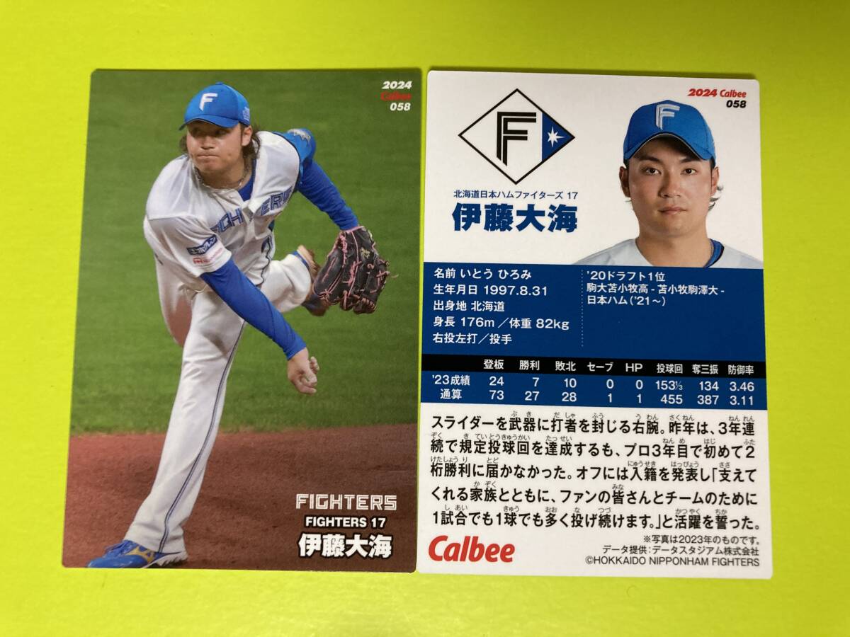 2024 R-58 伊藤 大海（日本ハム）レギュラーカード カルビー プロ野球チップス 第1弾 エラー版 身長176m 即決 送料80円～ 数量2_画像1