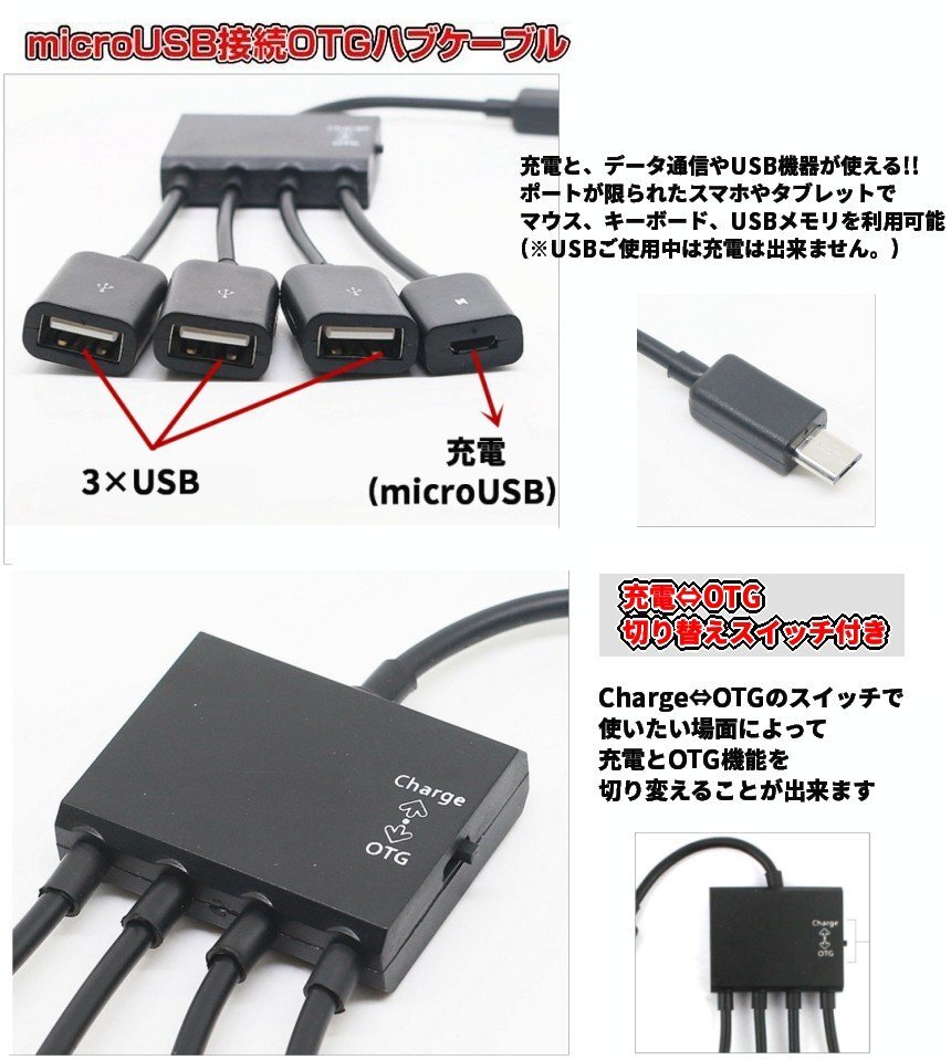 【vaps_3】OTGハブ microUSB 接続 OTGケーブル 3ポート HUB スマートフォン/タブレット 給電 充電 送込の画像2