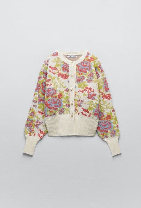 美品 ZARA フラワージャガードニットカーディガン S コットン 花柄 春_画像1