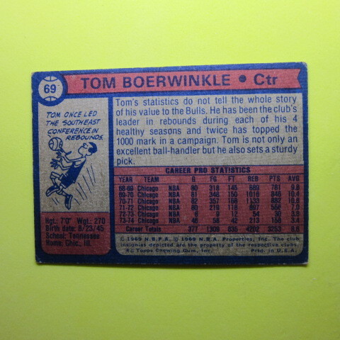 NBA 1974-75 Topps #69 Tom Boerwinkleの画像1