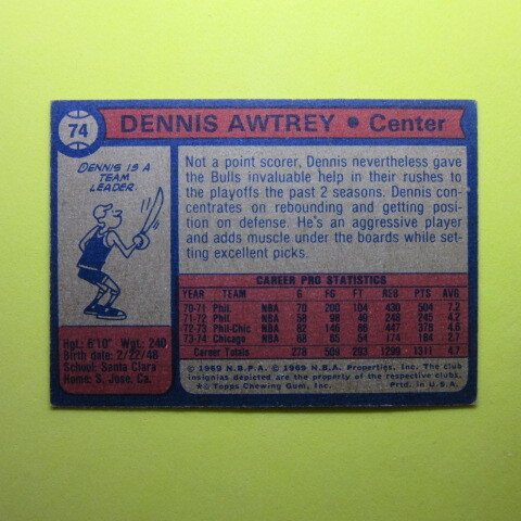 NBA 1974-75 Topps #74 Dennis Awtreyの画像2