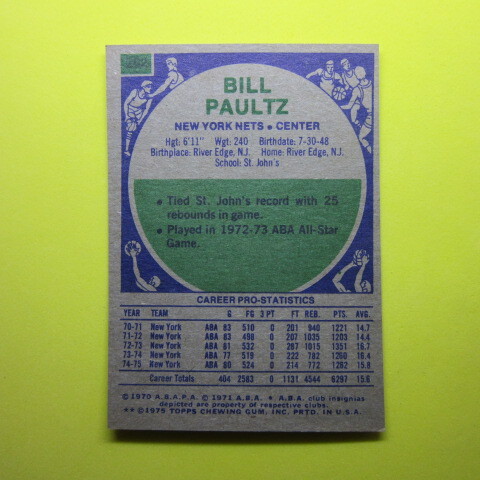 NBA 1975-76 Topps #262 Billy Paultzの画像2