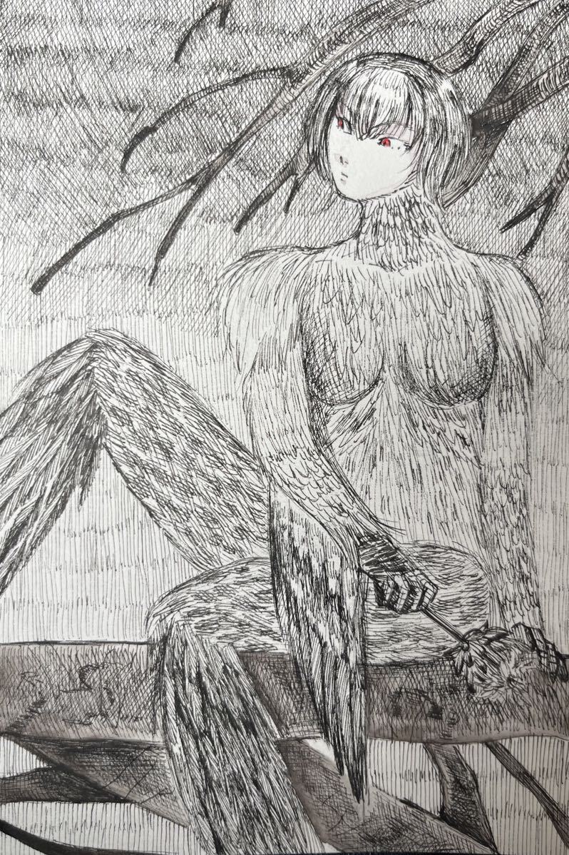 「紅猿子の娘」手描きイラスト/ペン画/オリジナル/人外娘/ハガキサイズ_画像1
