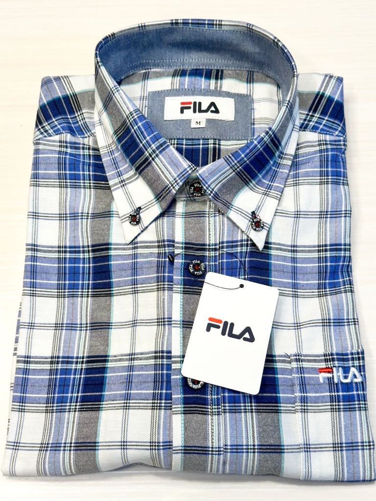 (送料無料)新品未使用品 春夏物 FILA フィラ メンズ チェック柄 長袖シャツ ☆サイズM胸囲88〜96㎝☆サックス☆素材 綿55%、他_画像1