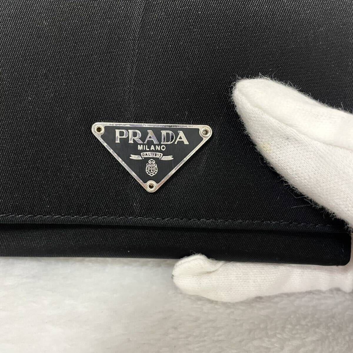 【贅沢品の極み】PRADA プラダ 折り財布 カードケース コインケース 三角プレート ナイロン 本革 レザー サフィアーノ ブラック 黒の画像3