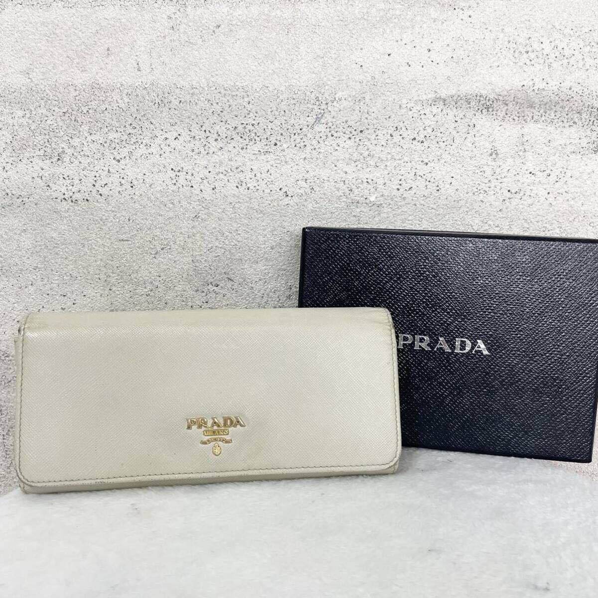 【贅沢品の極み】PRADA プラダ 長財布 カードケース コインケース 本革 レザー サフィアーノ ホワイト クリーム ゴールドの画像1