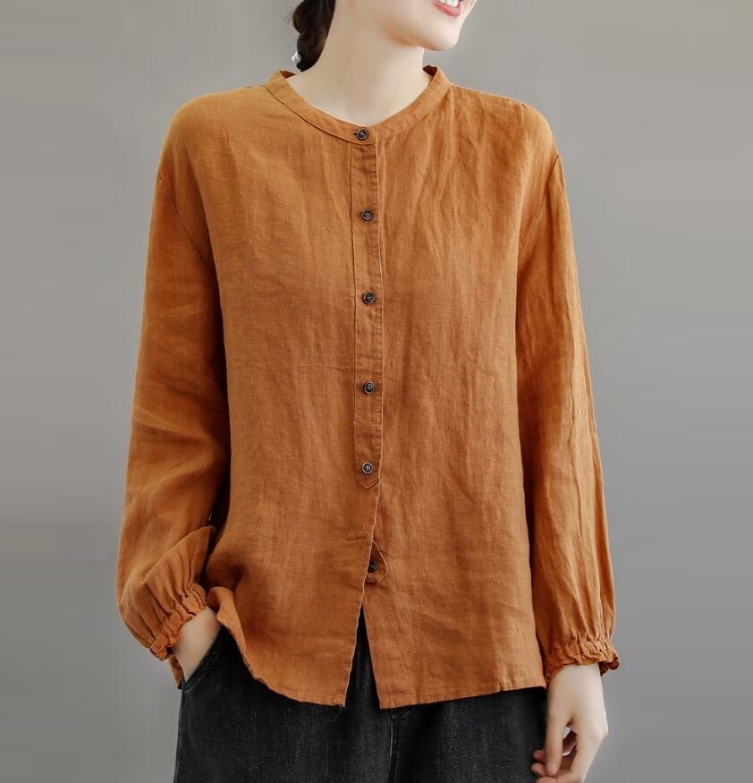  new arrival ~ lady's tunic tops cotton flax shirt blouse long sleeve plain large size simple easy ~.