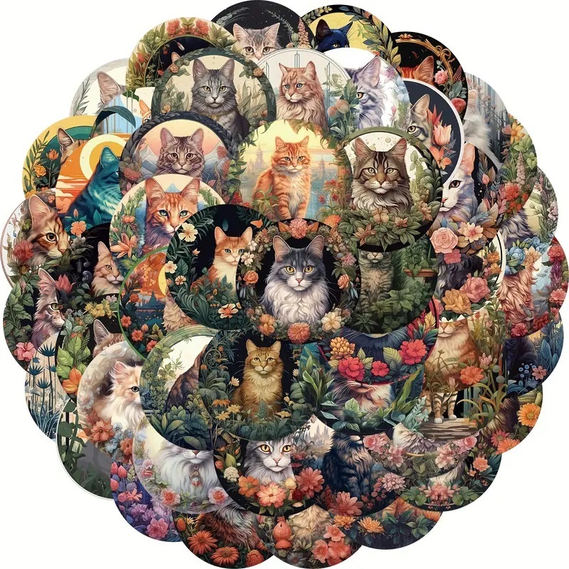 50枚の丸い猫ステッカー 素材 ジャンクジャーナル コラージュ  手帳デコ  の画像1