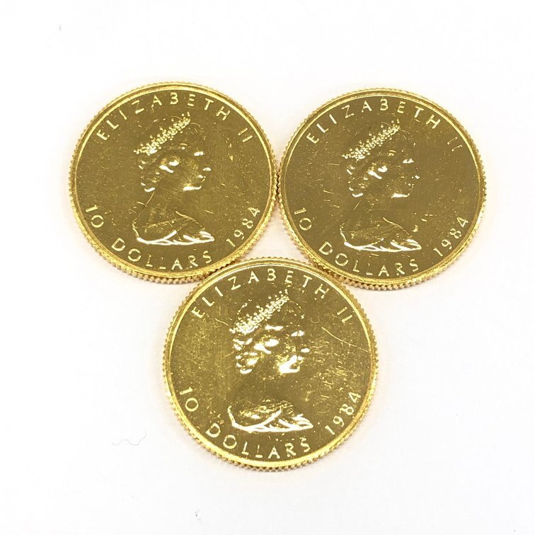 K24IG カナダ メイプルリーフ金貨 1/4oz 1984 3枚まとめ 総重量23.4g【CDAC6022】の画像2