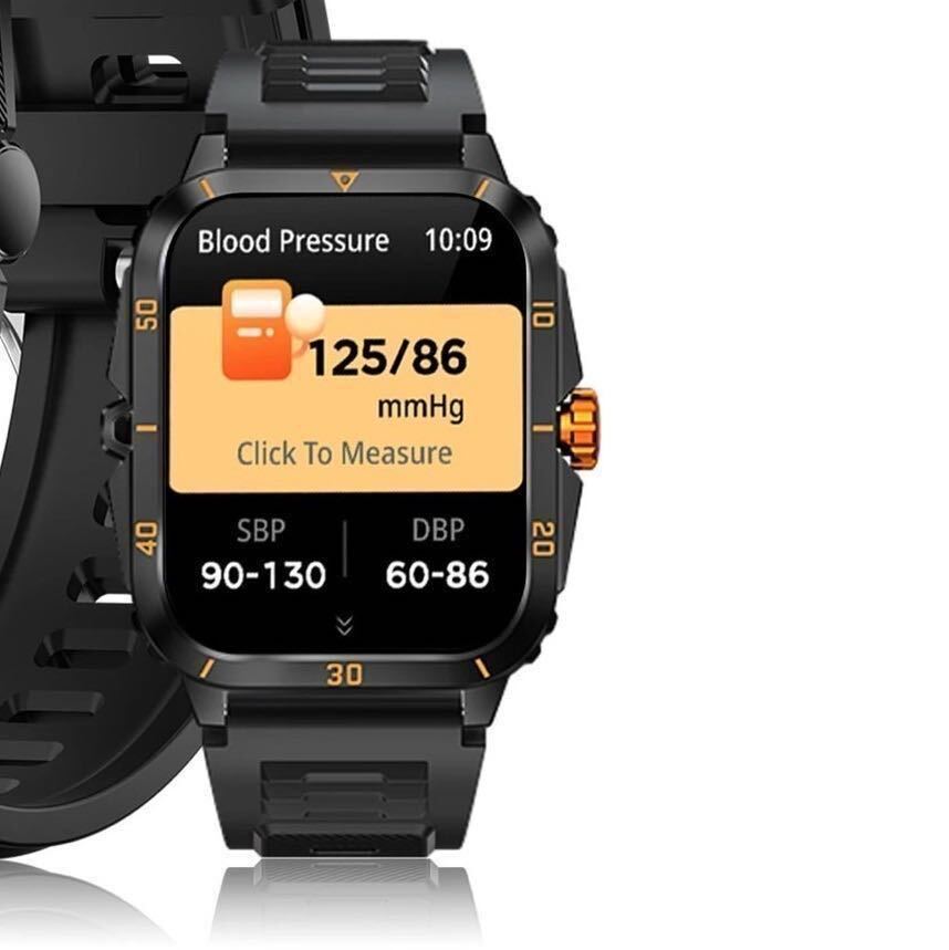 【即納】最新 新品 スマートウォッチ オレンジ ラバー ベルト 腕時計 防水 健康管理 軍用規格デザイン 通話機能付き Android iPhone対応の画像2