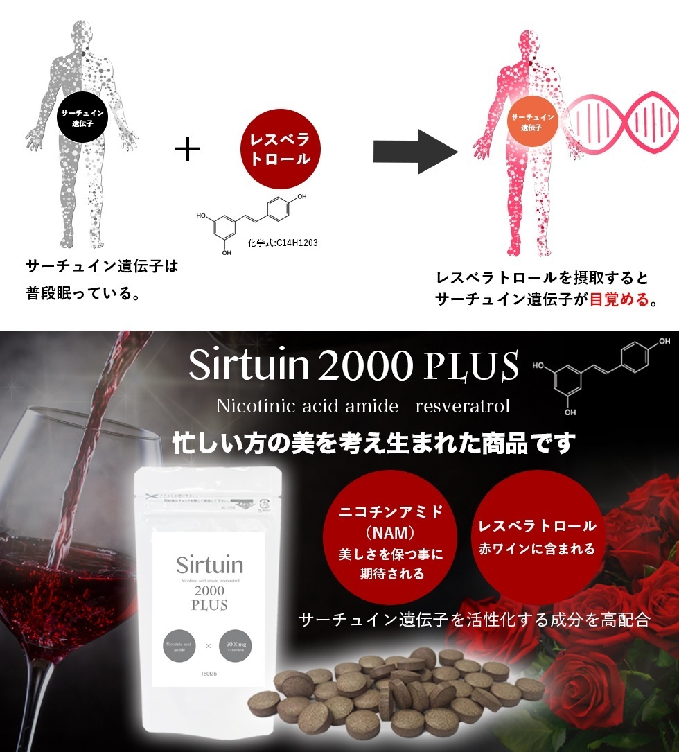 サーチュイン 2000プラス Sirtuin 2000 PLUS ＮＨＫで紹介 体内でＮＭＮに変換する成分ニコチン酸アミドを高配合 ＮＭＮ レスベラトロール
