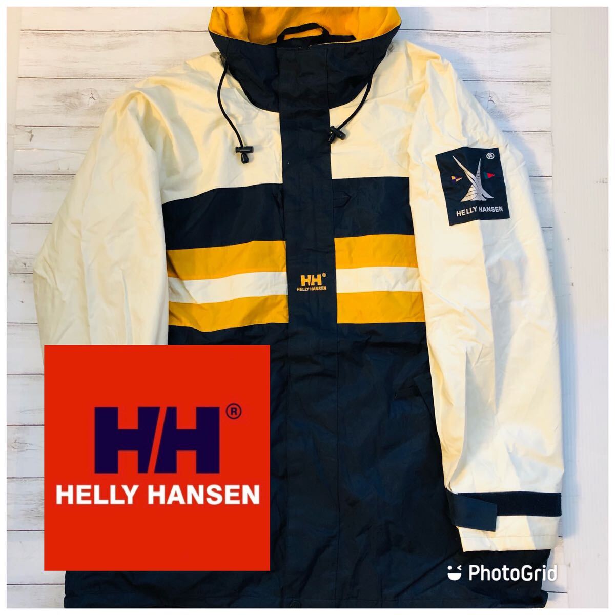 ヘリーハンセン　Helly Hansen L スリートーン　ナイロン　セーリングジャケット　マリンジャケット　ネイビー×アイボリー×ゴールド_画像1
