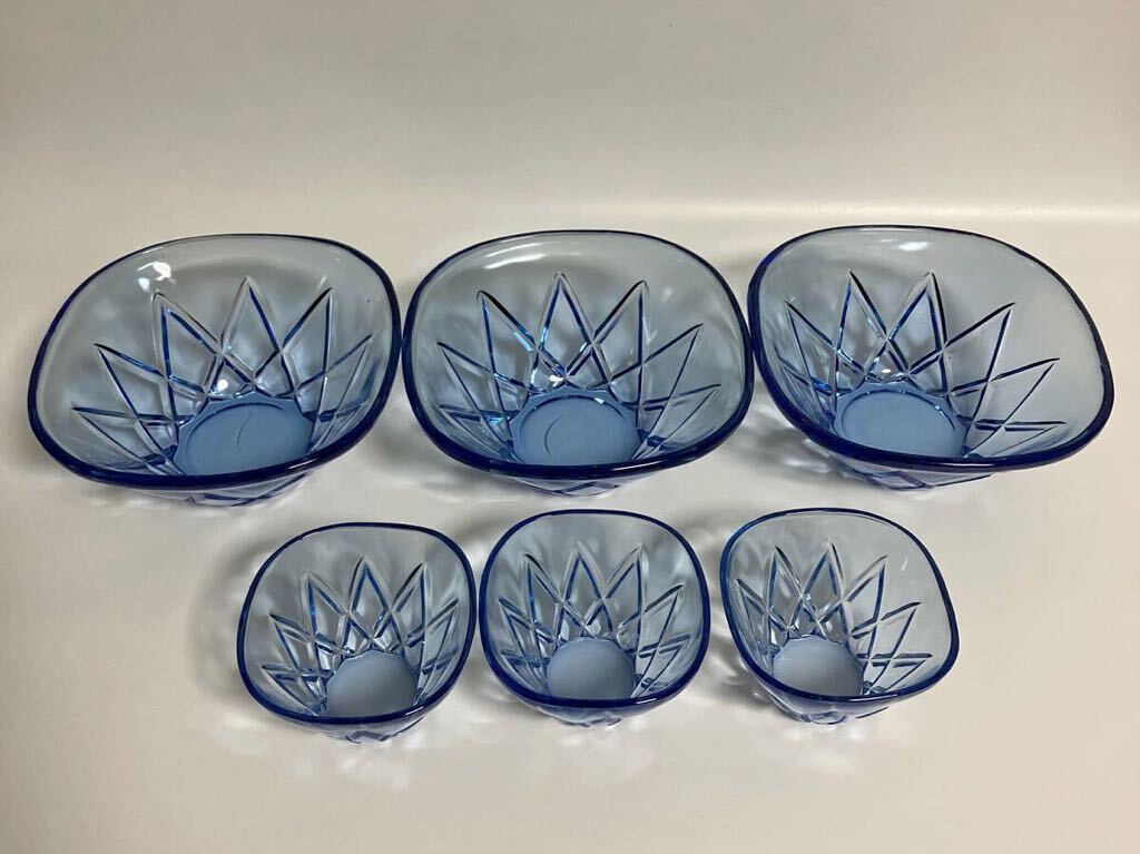 そうめん鉢　つゆ鉢　青　ガラス　切子　昭和レトロ　ガラス製　食器　器　つゆ入れ　サラダボウル