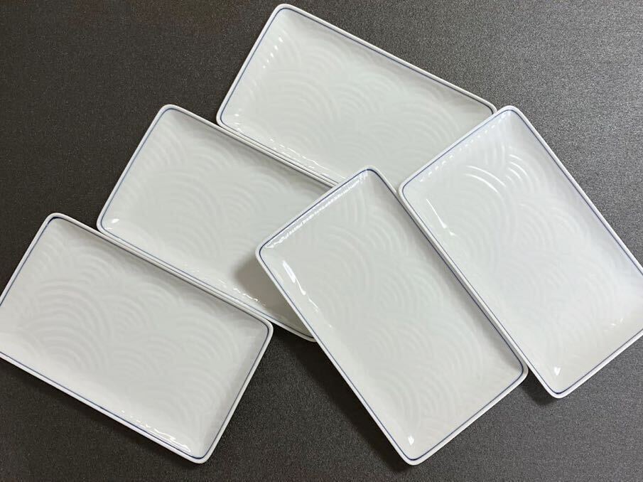 龍峰窯　三洋陶器 白磁　青海波　焼物皿揃　5枚　和食器　シンプル　角皿 長皿 未使用　白　波_画像2