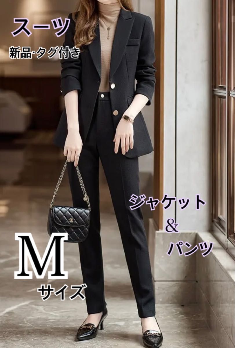 韓国ファッション　ジャケット スーツ セット  パンツ  ブラック　Mサイズ　金ボタン　春夏　薄手　ハイウエストボトムス　ゴールド