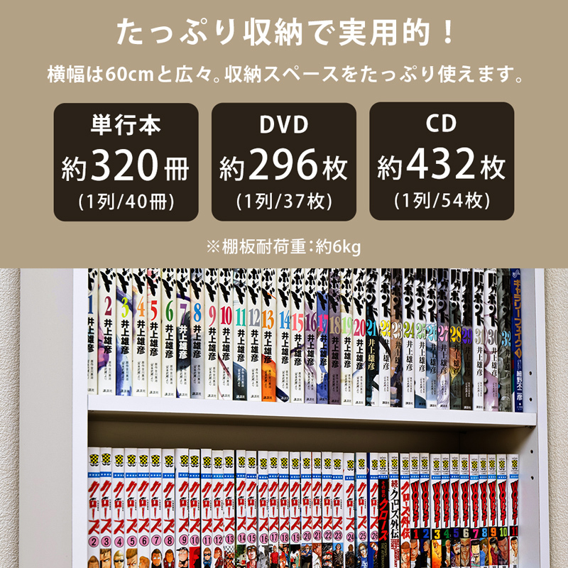 本棚 コミックラック 収納 幅60cm 高さ180cm ハイタイプ スリム 薄型 内寸15cm CD DVD HMP-05 ホワイト(WH)の画像8