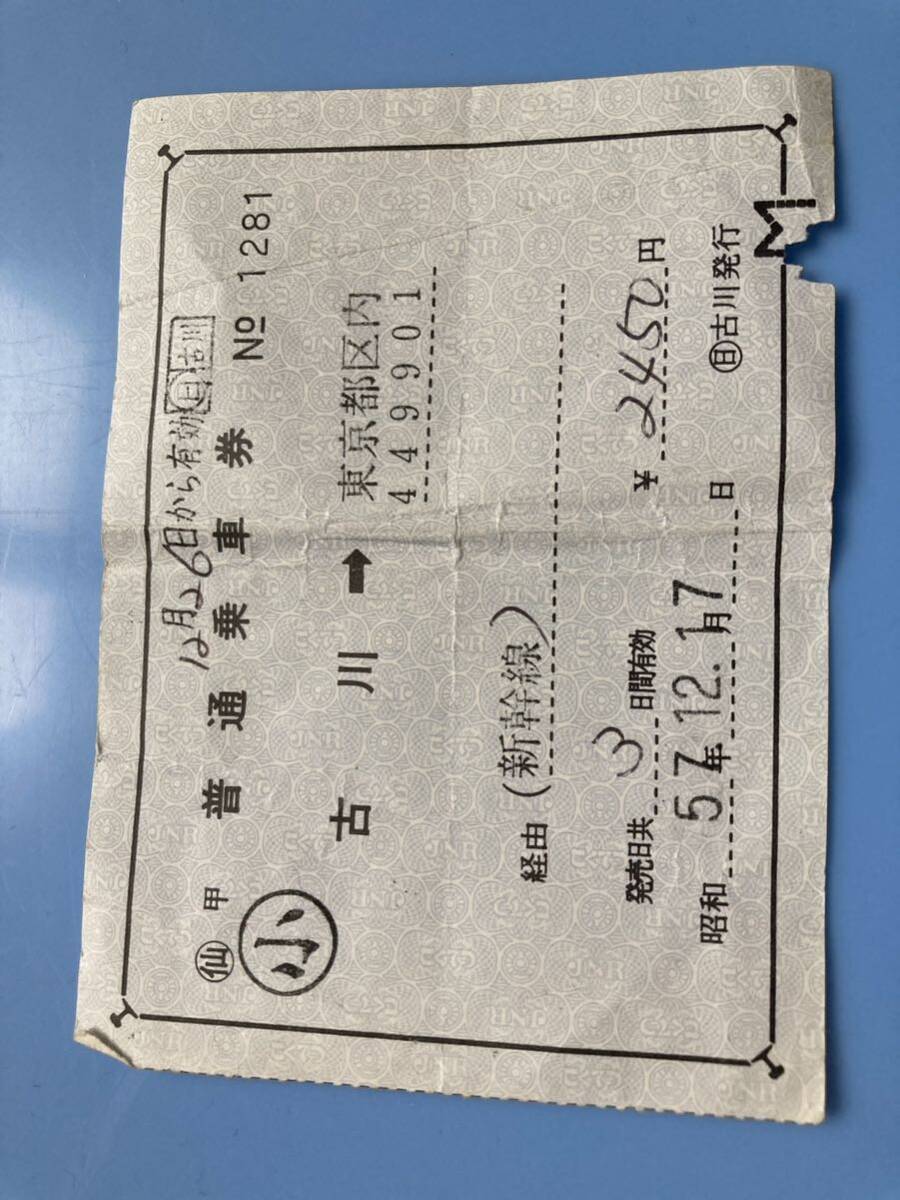 中古品　送料390円　普通乗車券　古川　東京都內(nèi)　切符　國(guó)鉄　キップ 指定券発行　発行　新干線　昭和57年12月17日