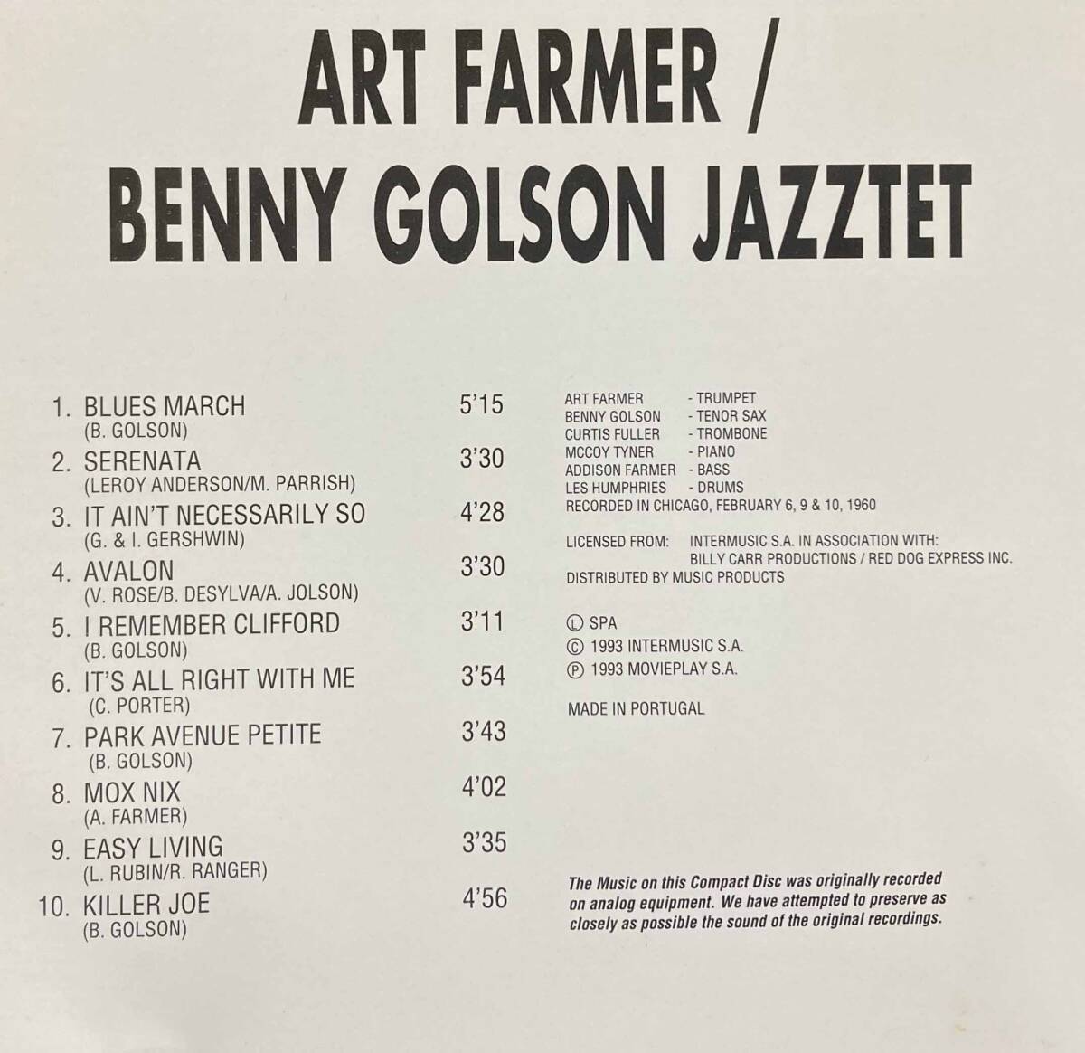 Art Farmer & Benny Golson Jazztet / Blues March 中古CD 輸入盤の画像5