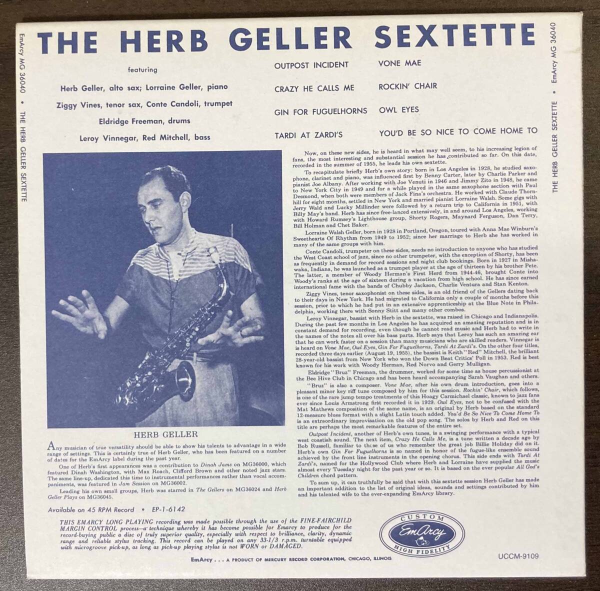 Herb Geller / The Herb Geller Sextette 中古CD 国内盤 帯付き 紙ジャケ 24bitデジタルリマスタリング 初回プレス完全限定盤  の画像2