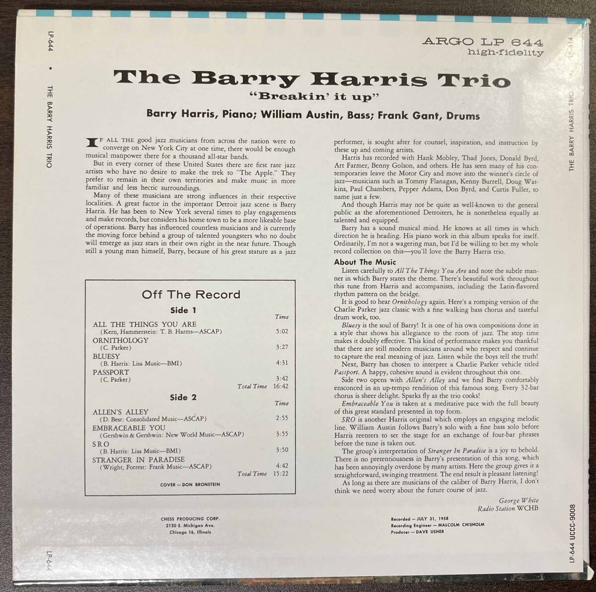 Barry Harris Trio / Breakin' It Up中古CD 国内盤 帯付き 紙ジャケ 24bitデジタルリマスタリング 初回プレス完全限定盤 の画像2