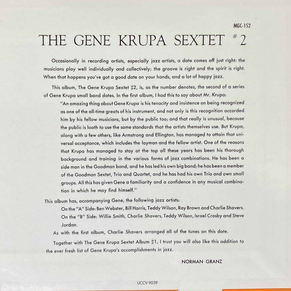 Gene Krupa / The Gene Krupa Sextet #2 中古CD　国内盤　帯付き 紙ジャケ　24bitデジタルリマスタリング　初回プレス完全限定盤 _画像2