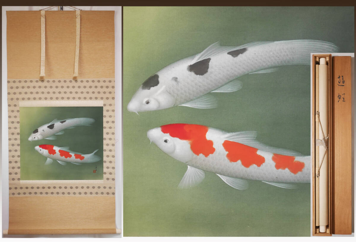 [ genuine work ] superior article *[. common carp colored carp ] Japanese picture house . rice field . preeminence ( Niigata prefecture ... Ikegami preeminence .)* silk book@ autograph also box attaching Japanese picture river fish .. hanging scroll 