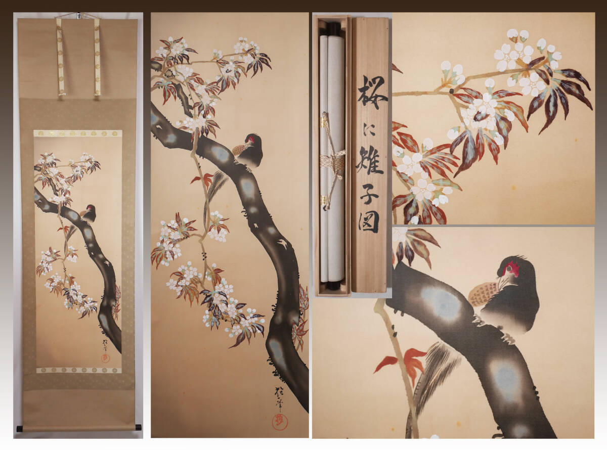【工芸】★酒井抱一筆【桜に雉子図 さくら】◆絹本複製画  日本画 花鳥 掛軸の画像1