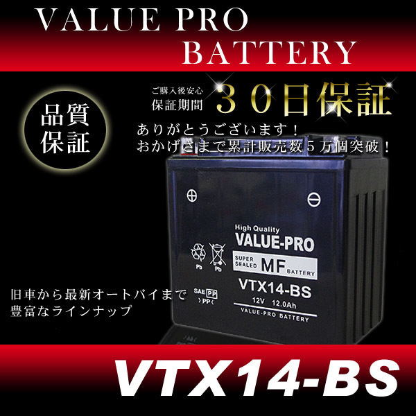 VTX14-BS 即用バッテリー ValuePro / 互換 YTX14-BS ZRX1100 ZRX1100-2ZRX1200R ZZ-R1100 ZZ-R1200 ZX-12R GPZ1100 KVF400の画像2