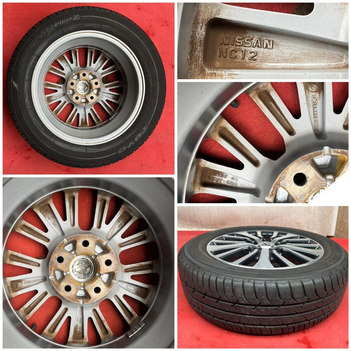 70%溝有。ENKEI製。NISSAN C26 セレナ ハイウェイスター 純正 16インチ×6J＋45 PCD114.3/5 TOYO 195/60R16ラジアルタイヤ付き4本セット。の画像9