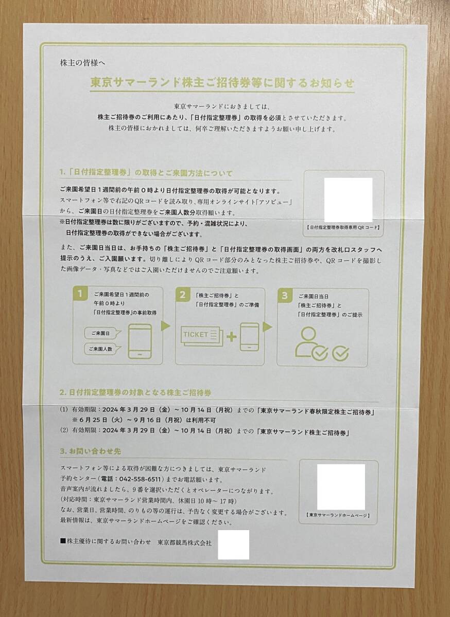 【AL】最新 東京都競馬 株主優待 東京サマーランド ご招待券 8枚（春秋限定4枚＋株主ご招待券4枚）期限：2024/10/14 速達対応可能の画像3