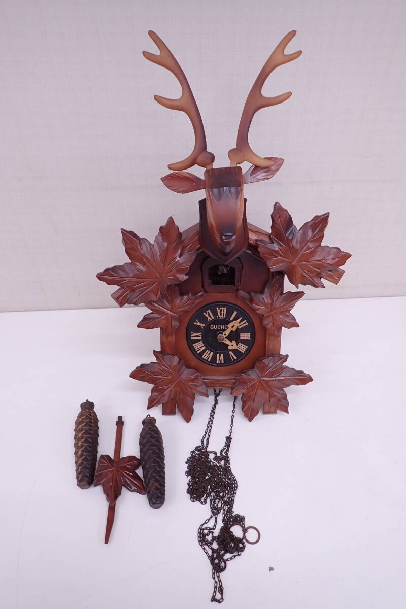 MIKEN CLOCK CUCKOO 木製彫刻 鳩時計 壁掛時計 ポッポ からくり時計 振り子時計 鹿 ミケン時計 G04044Tの画像1